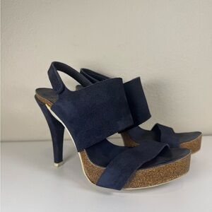 Pedro Garcia Blue Suede Leather Sling Back Heels Cork Footbed 4.5” Heel Size 36